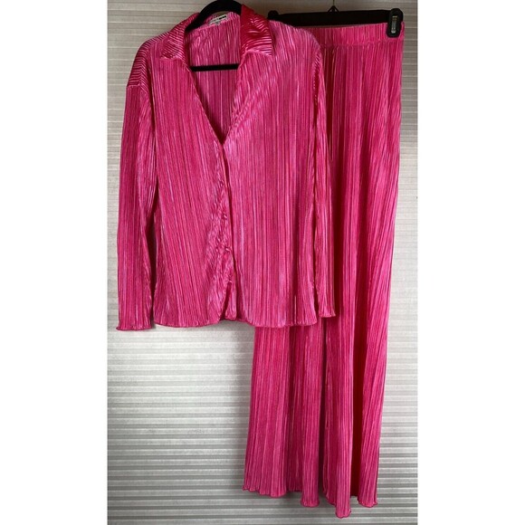 Fashion Nova Pants - Fashion Nova 2pc Pants Top Sz S Pink Ribbed Long Sleeve Button Down V-Neck Sheer